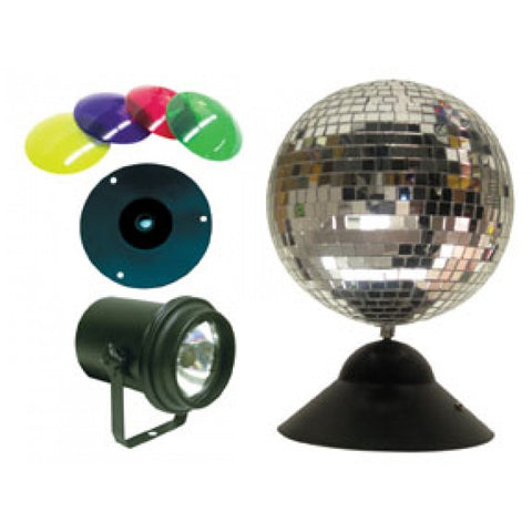 American Dj MB8COMBO 8" mirror ball package with PL-1000, M-DCBASE, 4 x CL 100. Colorlenses(red,