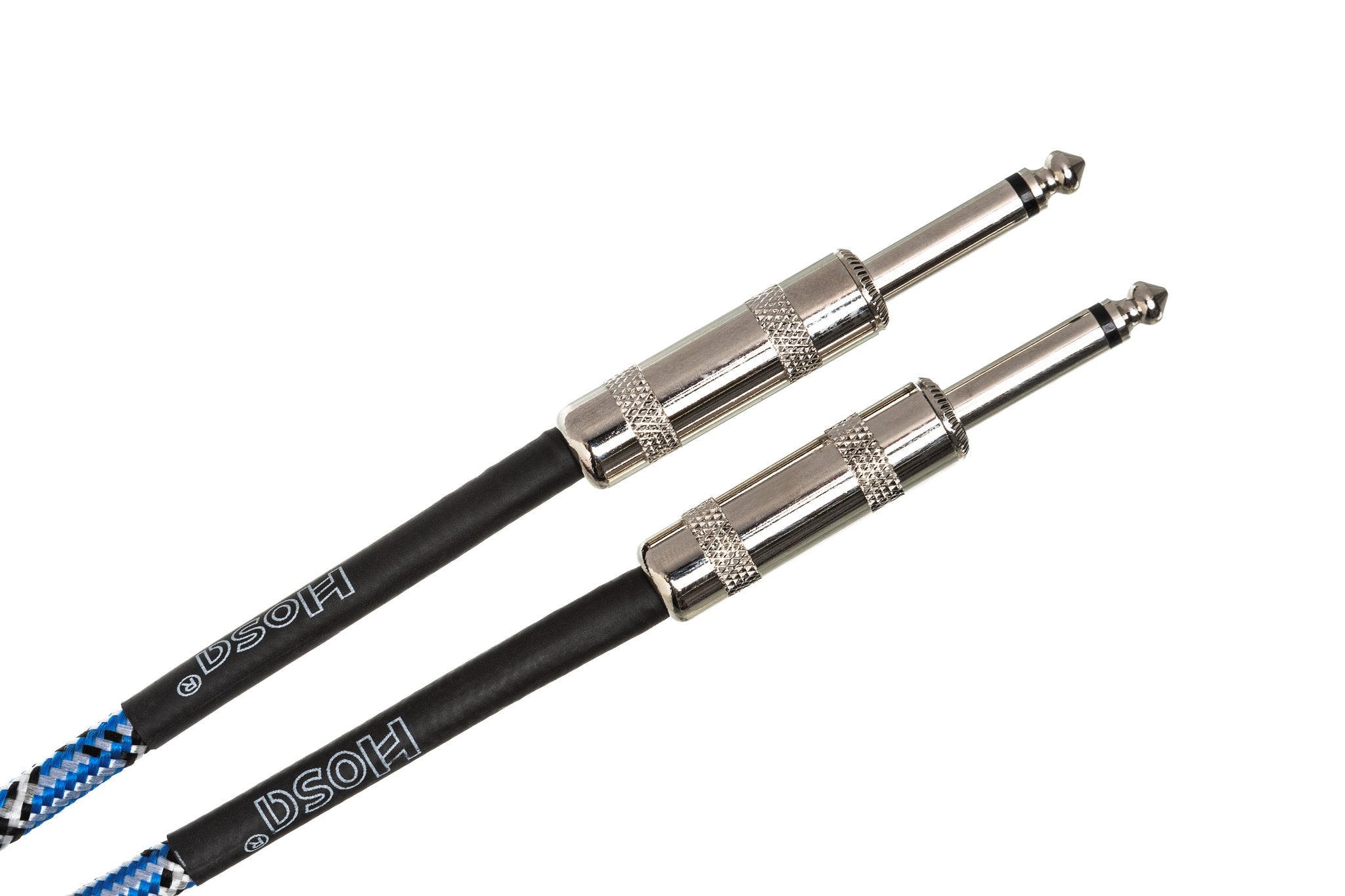 Cloth Guitar Cable, Hosa Straight to Same, 18 ft, Blue/White/Black - Angle