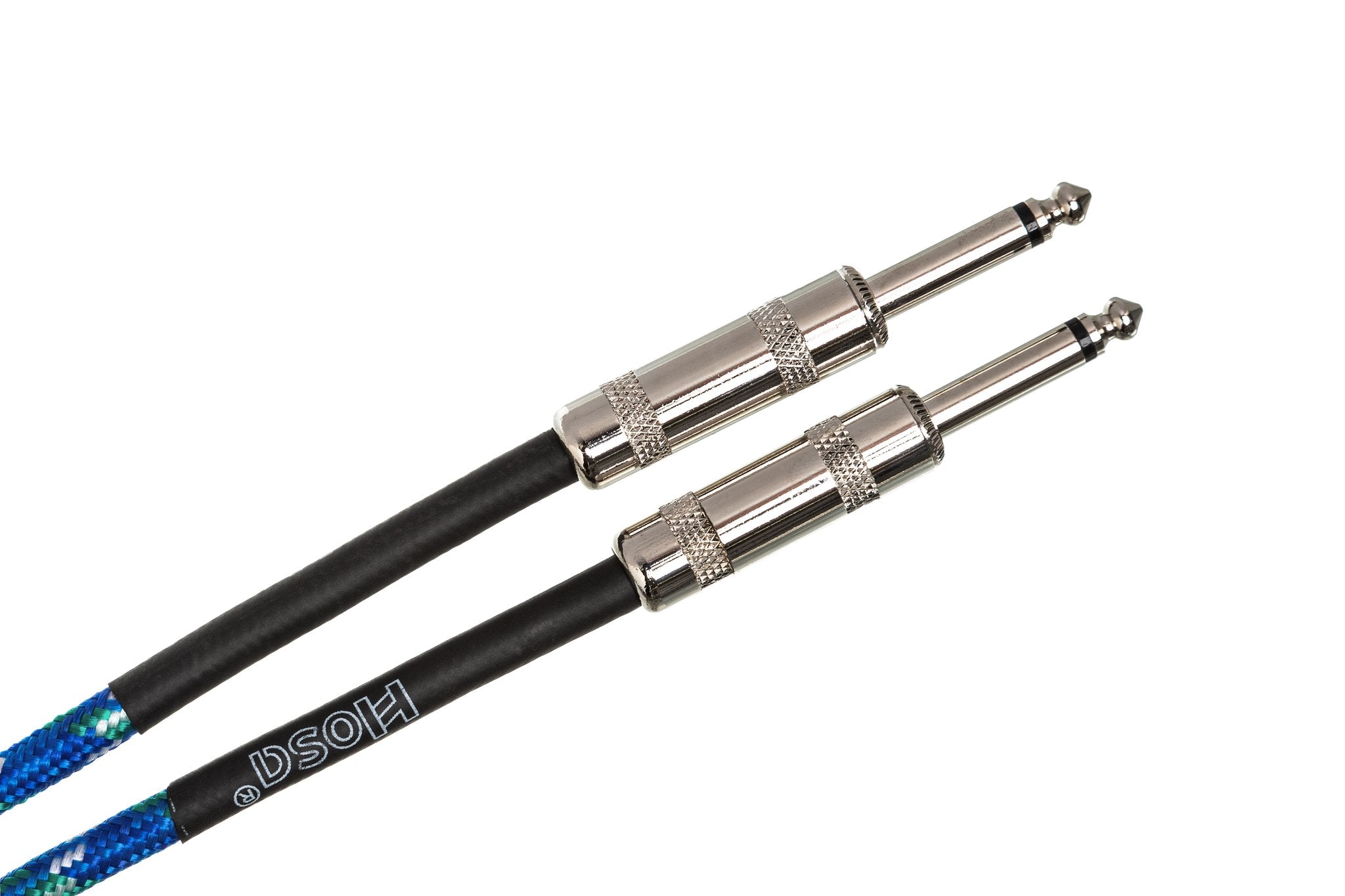 Cloth Guitar Cable, Hosa Straight to Same, 18 ft, Blue/Green/White - Angle