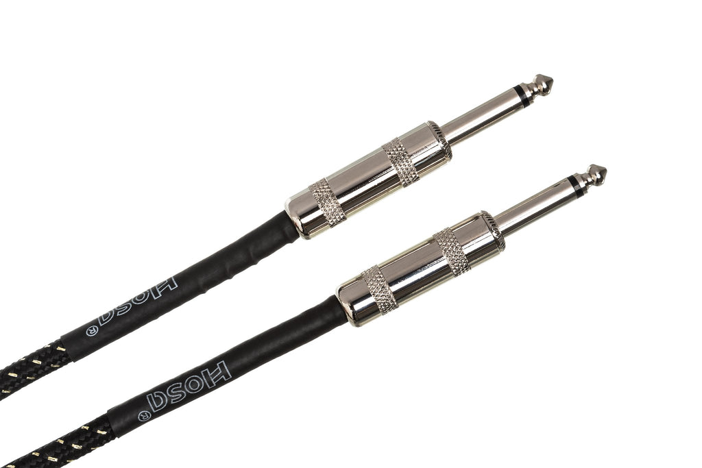 Cloth Guitar Cable, Hosa Straight to Same, 18 ft, Black/Gold - Angle