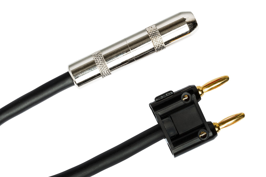 Speaker Adapter, Hosa 1/4 in TS to Dual Banana, 6 in, Black - Angle