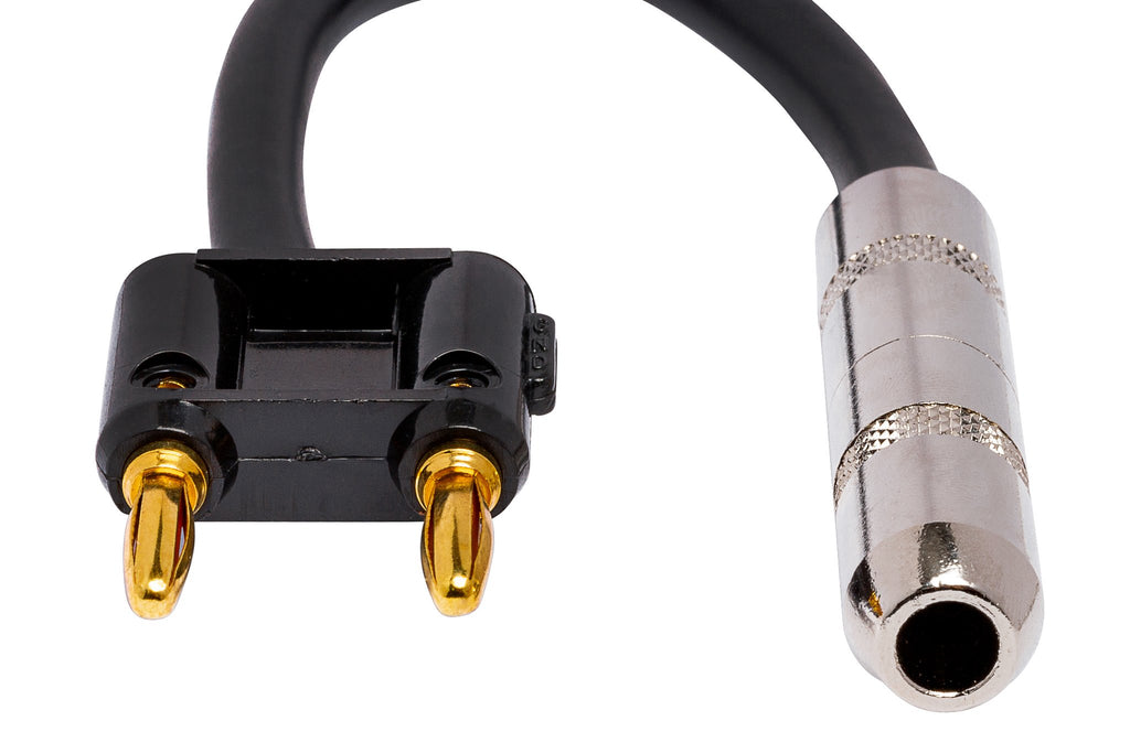 Speaker Adapter, Hosa 1/4 in TS to Dual Banana, 6 in, Black - Front