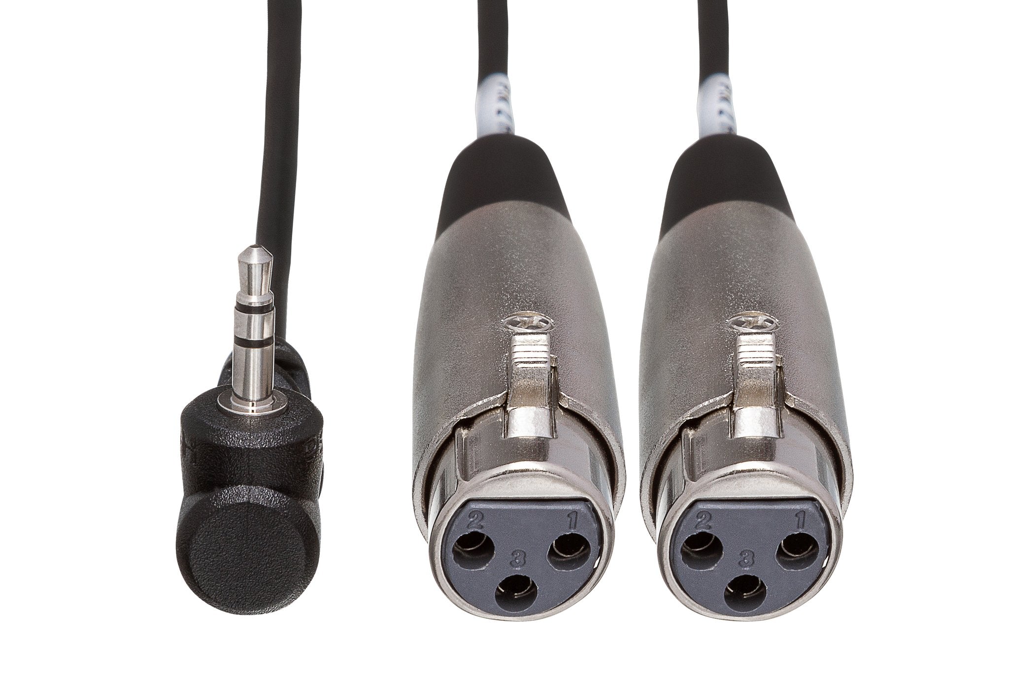 Camcorder Microphone Cable, Dual XLR3F to Right-angle 3.5 mm TRS - Front