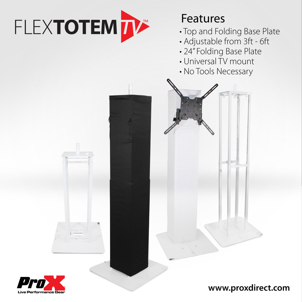 Flex Totem TV - 3ft to 6ft Height Adjustable Totem Stand Incl. TV Mount, Foldable Base Plate and Speaker Stud