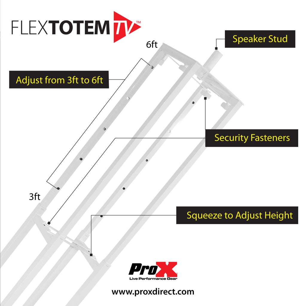Flex Totem TV - 3ft to 6ft Height Adjustable Totem Stand Incl. TV Mount, Foldable Base Plate and Speaker Stud