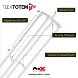 Flex Totem TV - 3ft to 6ft Height Adjustable Totem Stand Incl. TV Mount, Foldable Base Plate and Speaker Stud