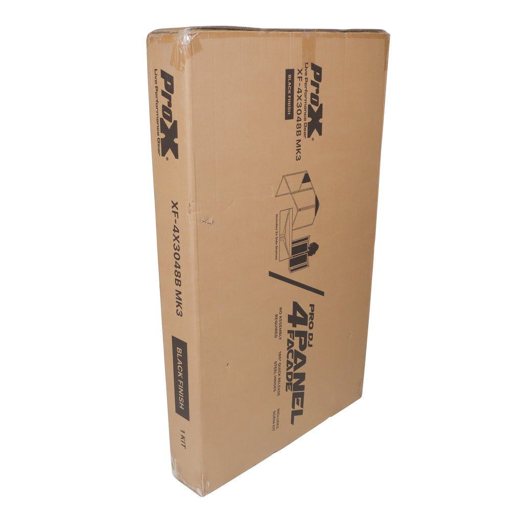 Four Panel Party Black Frame Collapse and Go DJ Facade, Two Side corner Shelves, Carry Bag, 4xBlack and 4xWhite Scrims