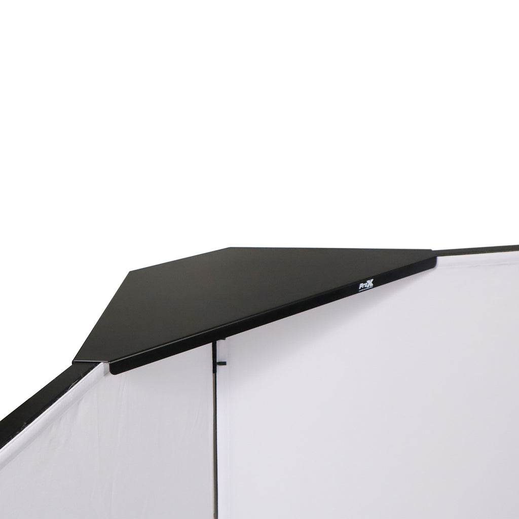 Four Panel Party Black Frame Collapse and Go DJ Facade, Two Side corner Shelves, Carry Bag, 4xBlack and 4xWhite Scrims