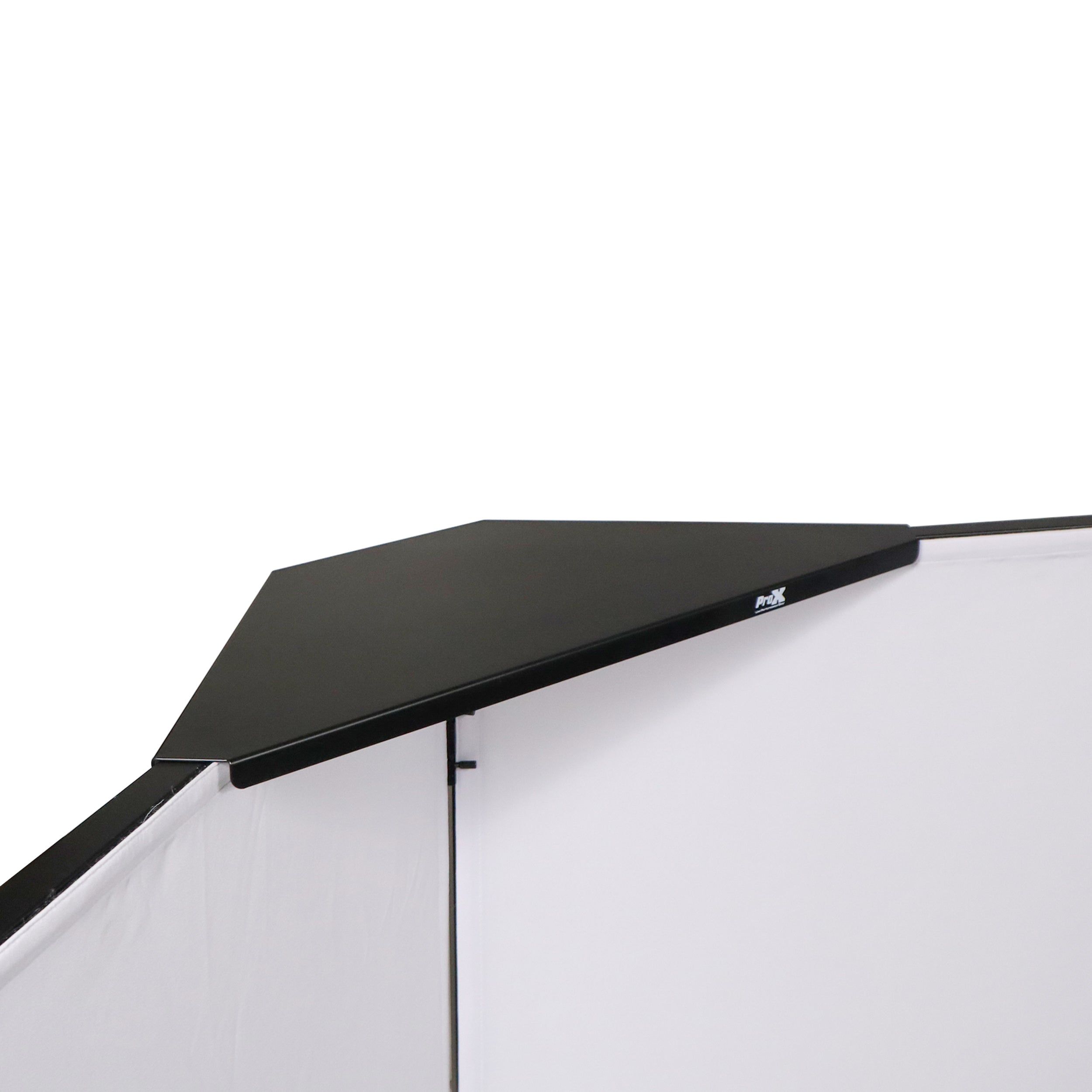 Four Panel Party Black Frame Collapse and Go DJ Facade, Two Side corner Shelves, Carry Bag, 4xBlack and 4xWhite Scrims