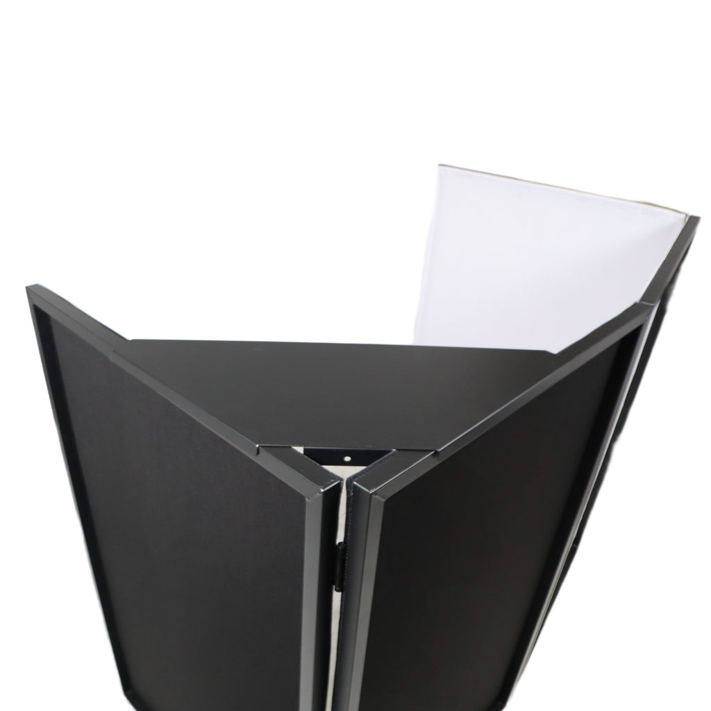 Four Panel Party Black Frame Collapse and Go DJ Facade, Two Side corner Shelves, Carry Bag, 4xBlack and 4xWhite Scrims