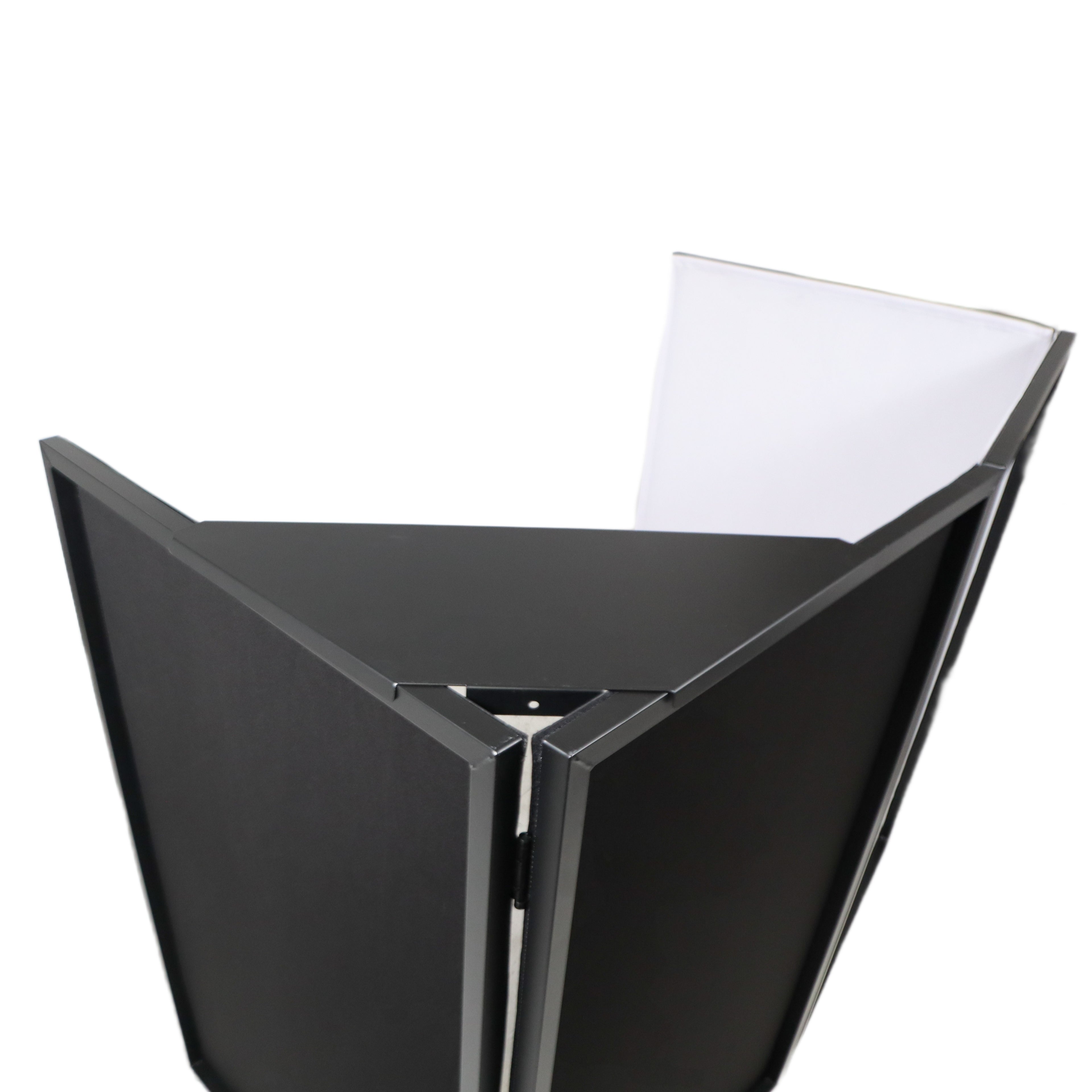 Four Panel Party Black Frame Collapse and Go DJ Facade, Two Side corner Shelves, Carry Bag, 4xBlack and 4xWhite Scrims