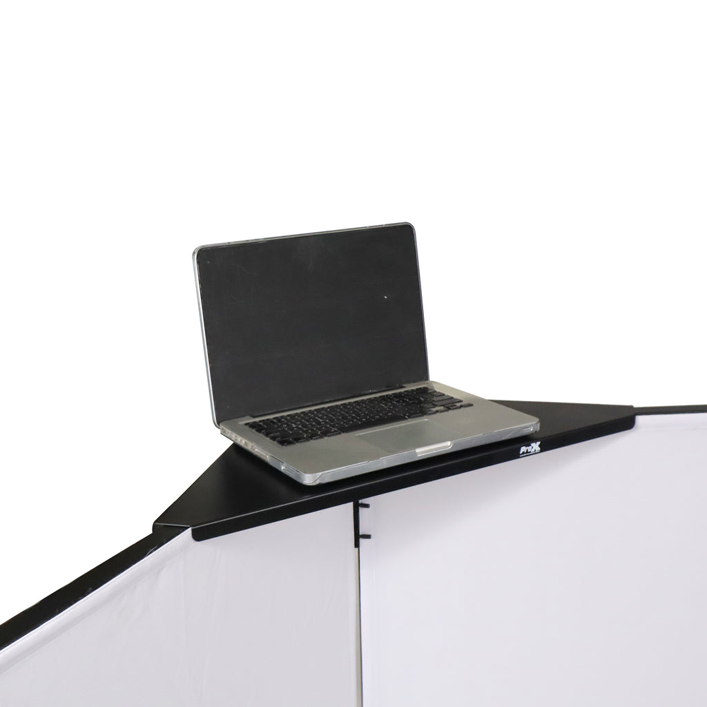Four Panel Party Black Frame Collapse and Go DJ Facade, Two Side corner Shelves, Carry Bag, 4xBlack and 4xWhite Scrims