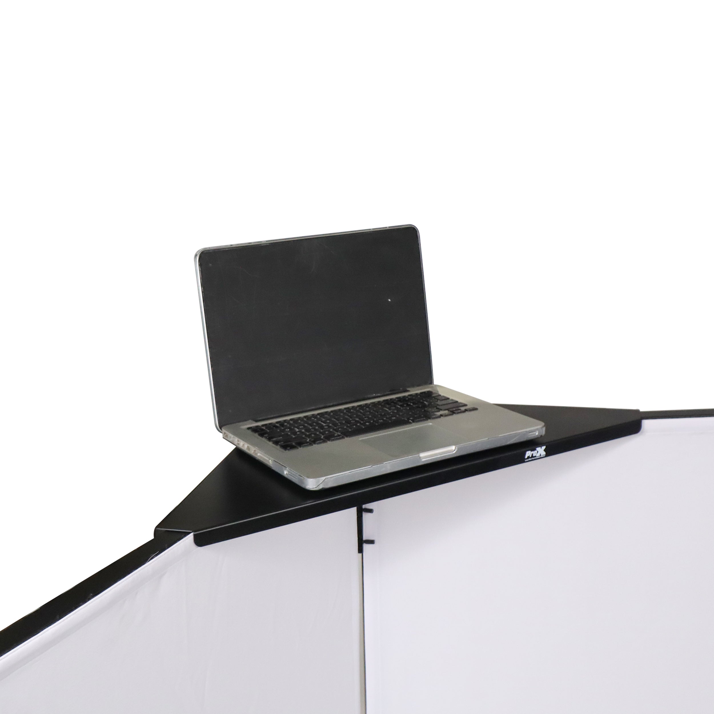 Four Panel Party Black Frame Collapse and Go DJ Facade, Two Side corner Shelves, Carry Bag, 4xBlack and 4xWhite Scrims