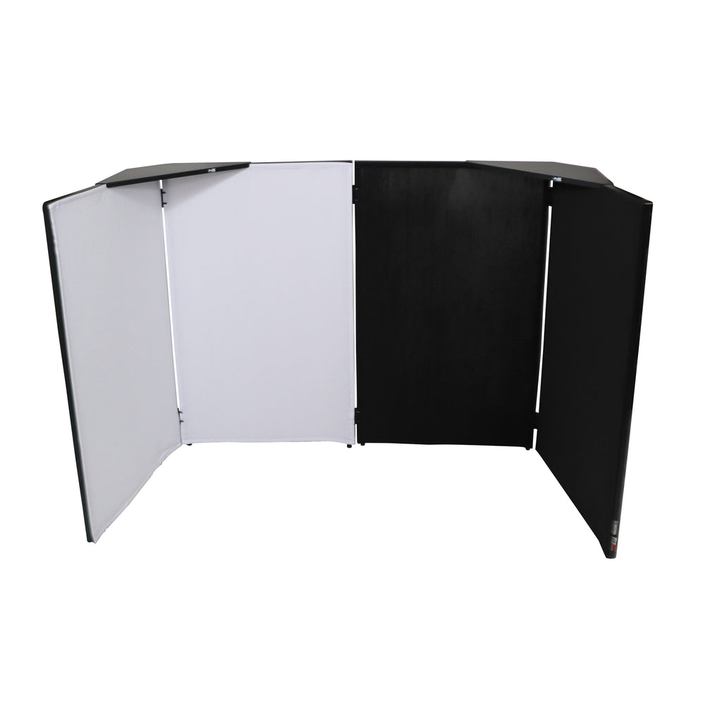Four Panel Party Black Frame Collapse and Go DJ Facade, Two Side corner Shelves, Carry Bag, 4xBlack and 4xWhite Scrims