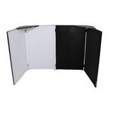 Four Panel Party Black Frame Collapse and Go DJ Facade, Two Side corner Shelves, Carry Bag, 4xBlack and 4xWhite Scrims