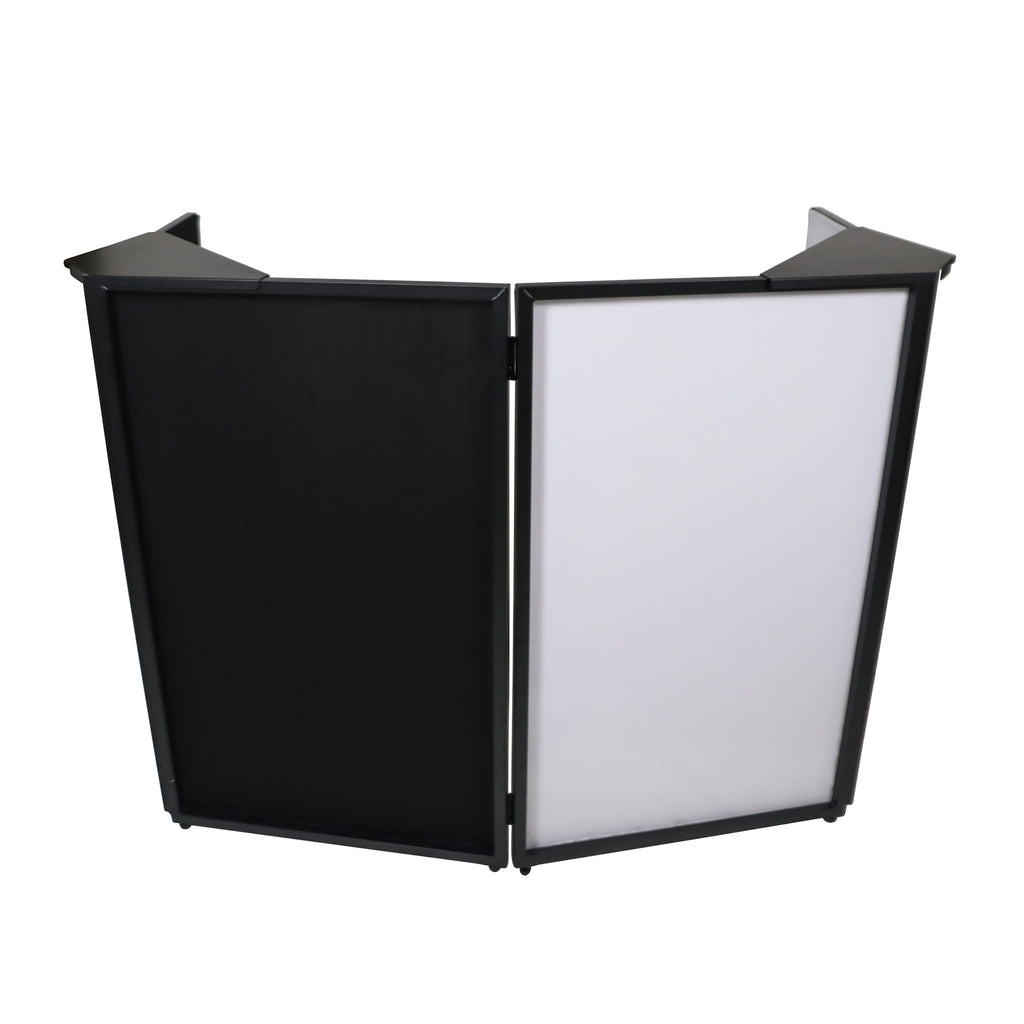Four Panel Party Black Frame Collapse and Go DJ Facade, Two Side corner Shelves, Carry Bag, 4xBlack and 4xWhite Scrims