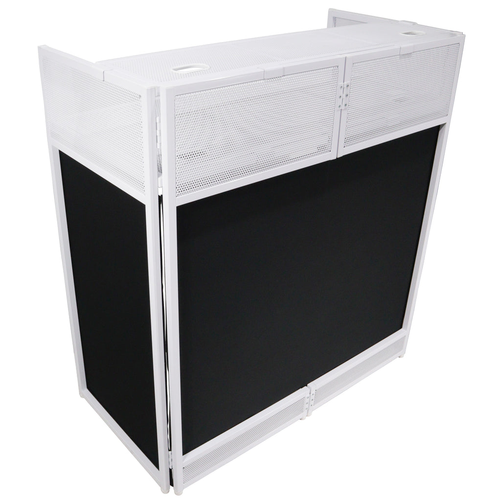 Vista DJ Booth Table Work Station with White Black Scrims and Carrying Bag White Frame