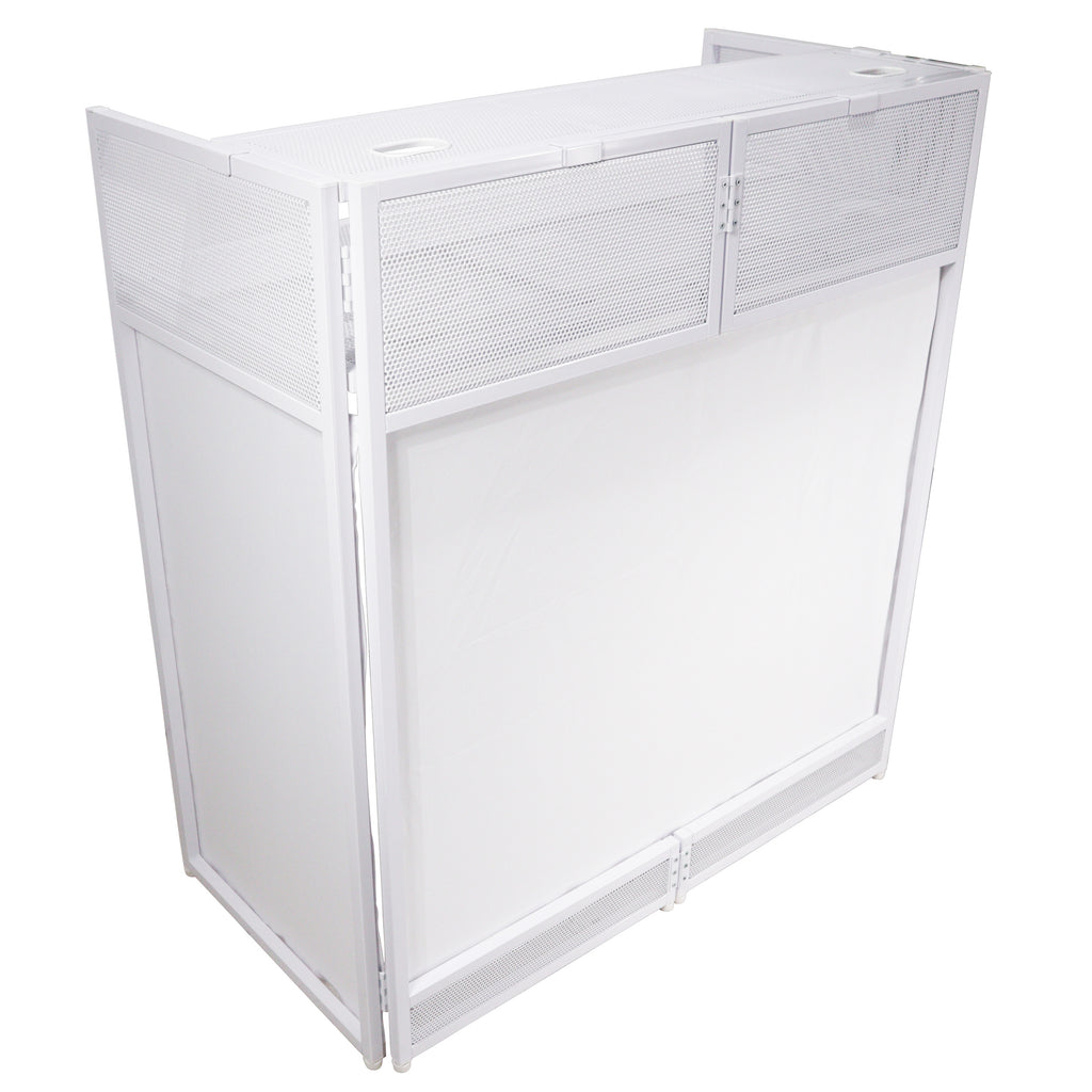 Vista DJ Booth Table Work Station with White Black Scrims and Carrying Bag White Frame
