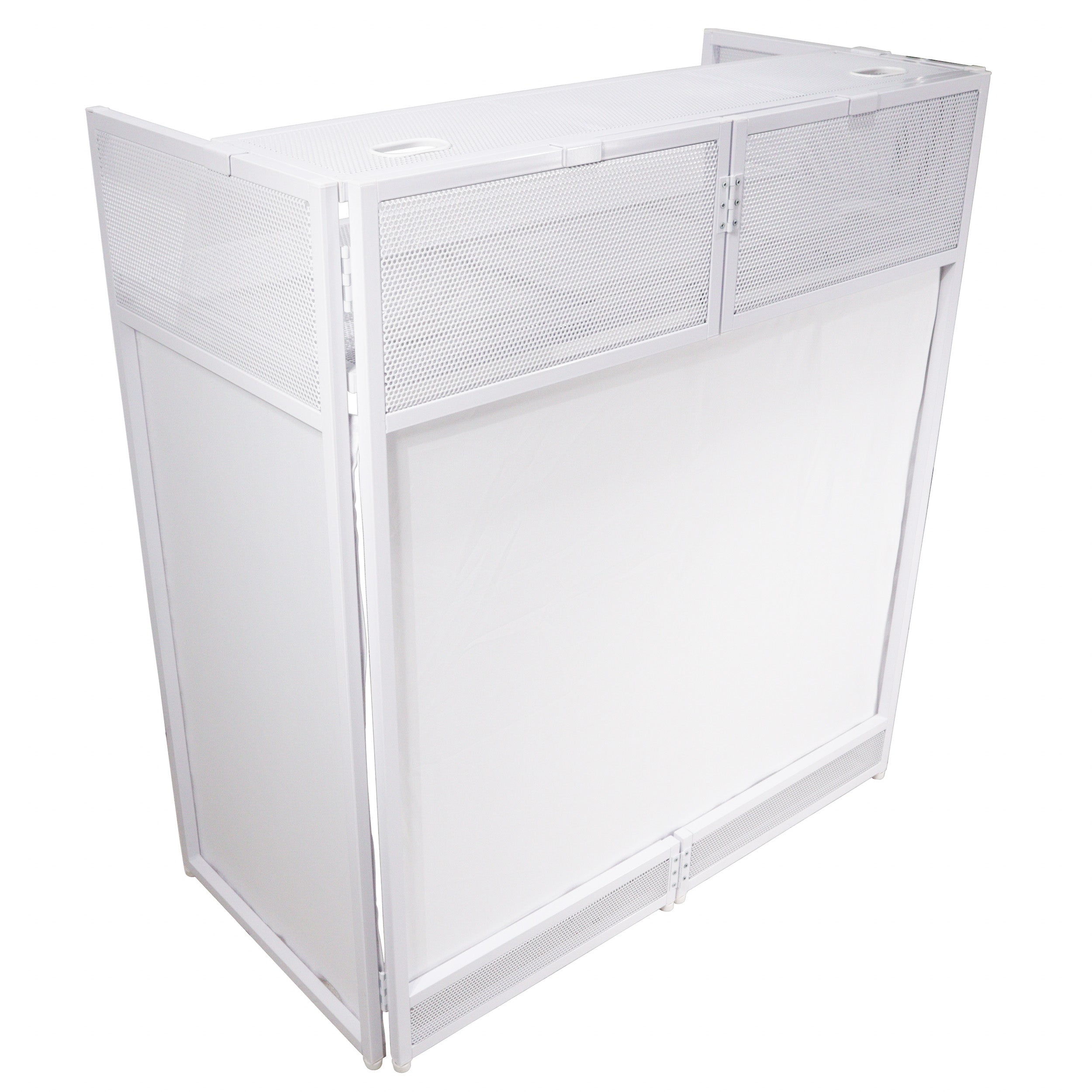 Vista DJ Booth Table Work Station with White Black Scrims and Carrying Bag White Frame