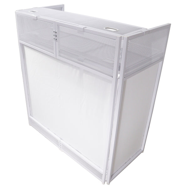 Vista DJ Booth Table Work Station with White Black Scrims and Carrying Bag White Frame