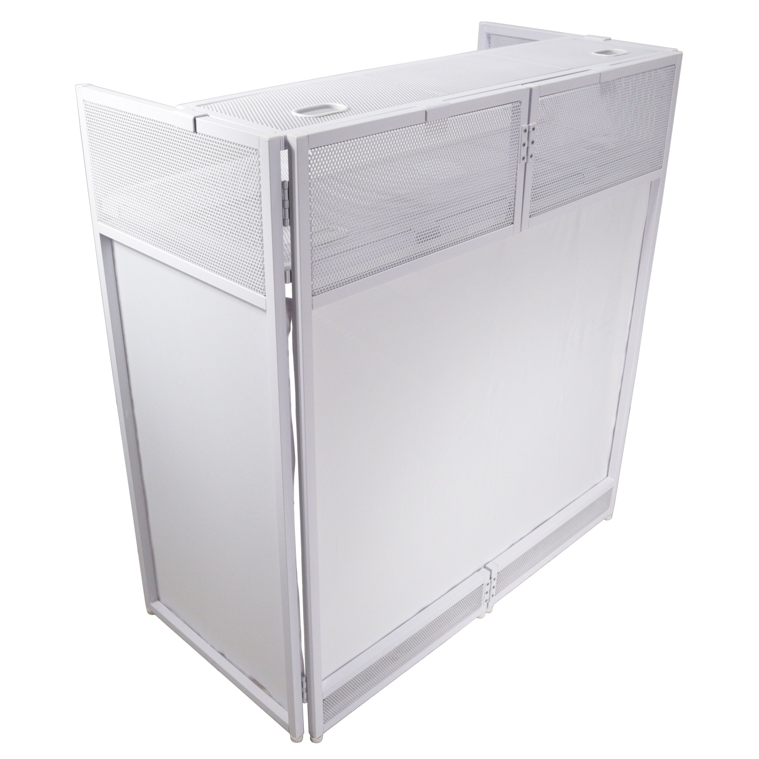 Vista DJ Booth Table Work Station with White Black Scrims and Carrying Bag White Frame