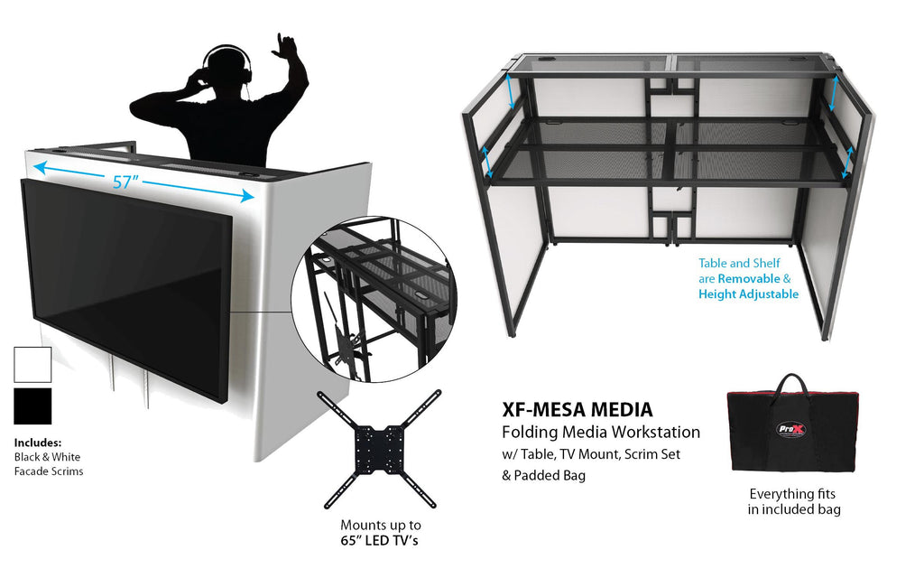 MESA MEDIA MK2 DJ Facade Table Workstation Includes TV Bracket Mount White & Black Scrims and Carry Bag