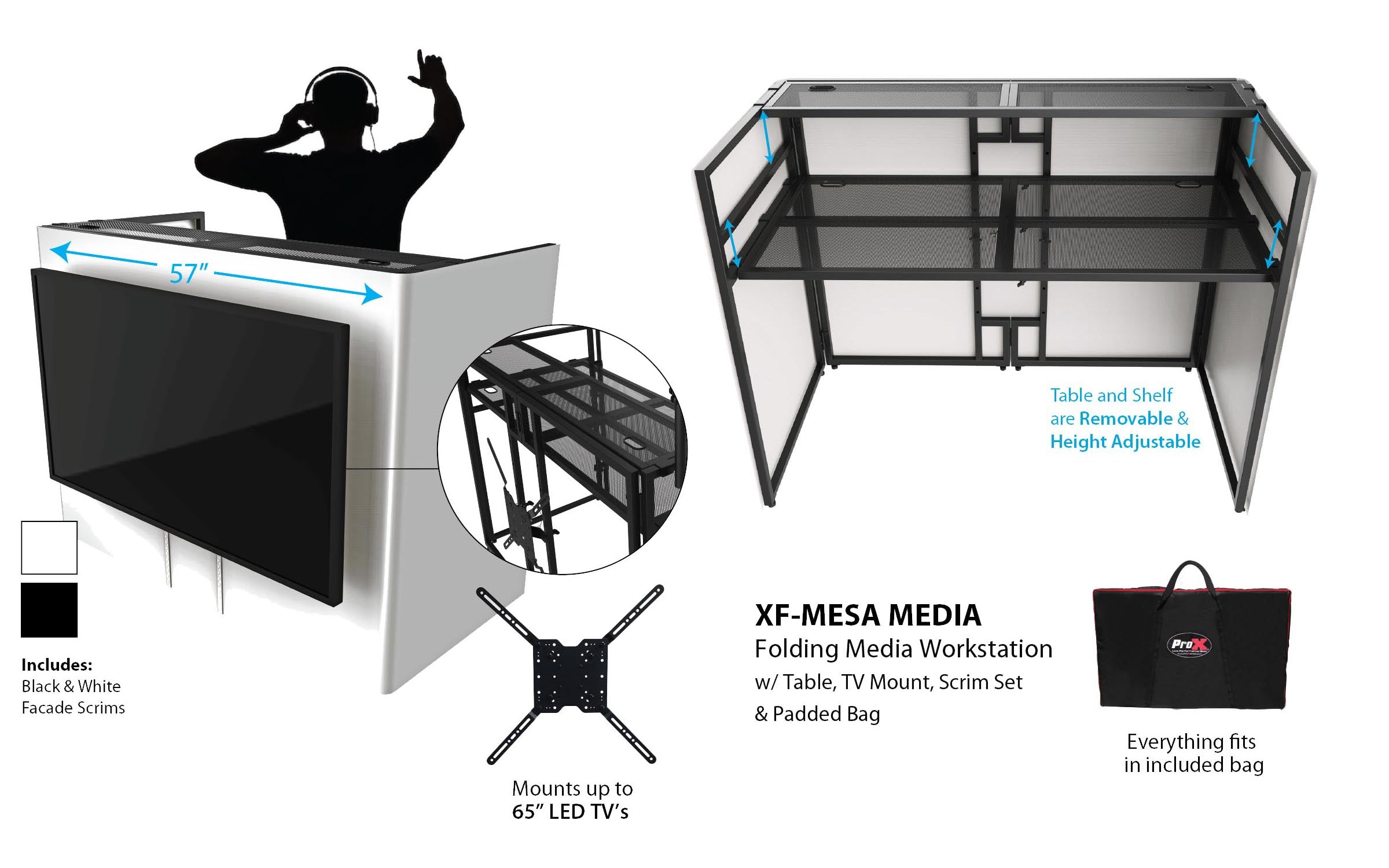 MESA MEDIA MK2 DJ Facade Table Workstation Includes TV Bracket Mount White & Black Scrims and Carry Bag