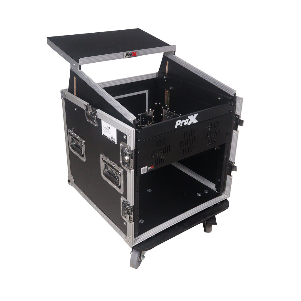 12U Vertical Rack Mount Flight Case with 10U Top for Mixer Combo Amp Rack with Laptop Shelf and Caster Wheels