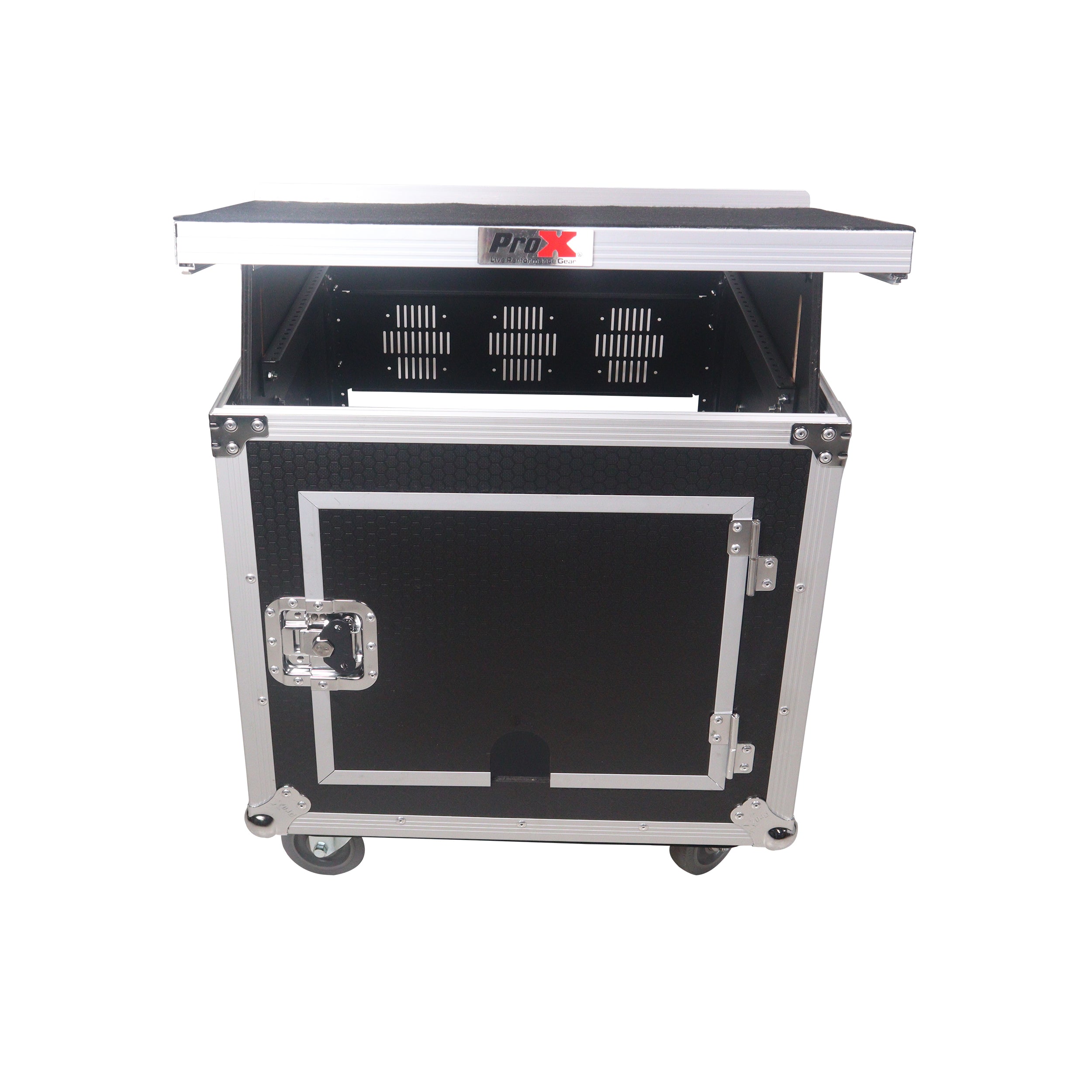 12U Vertical Rack Mount Flight Case with 10U Top for Mixer Combo Amp Rack with Laptop Shelf and Caster Wheels