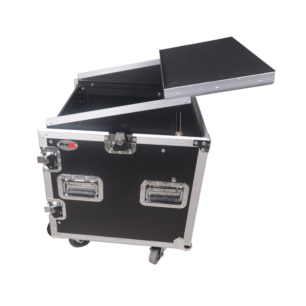 12U Vertical Rack Mount Flight Case with 10U Top for Mixer Combo Amp Rack with Laptop Shelf and Caster Wheels
