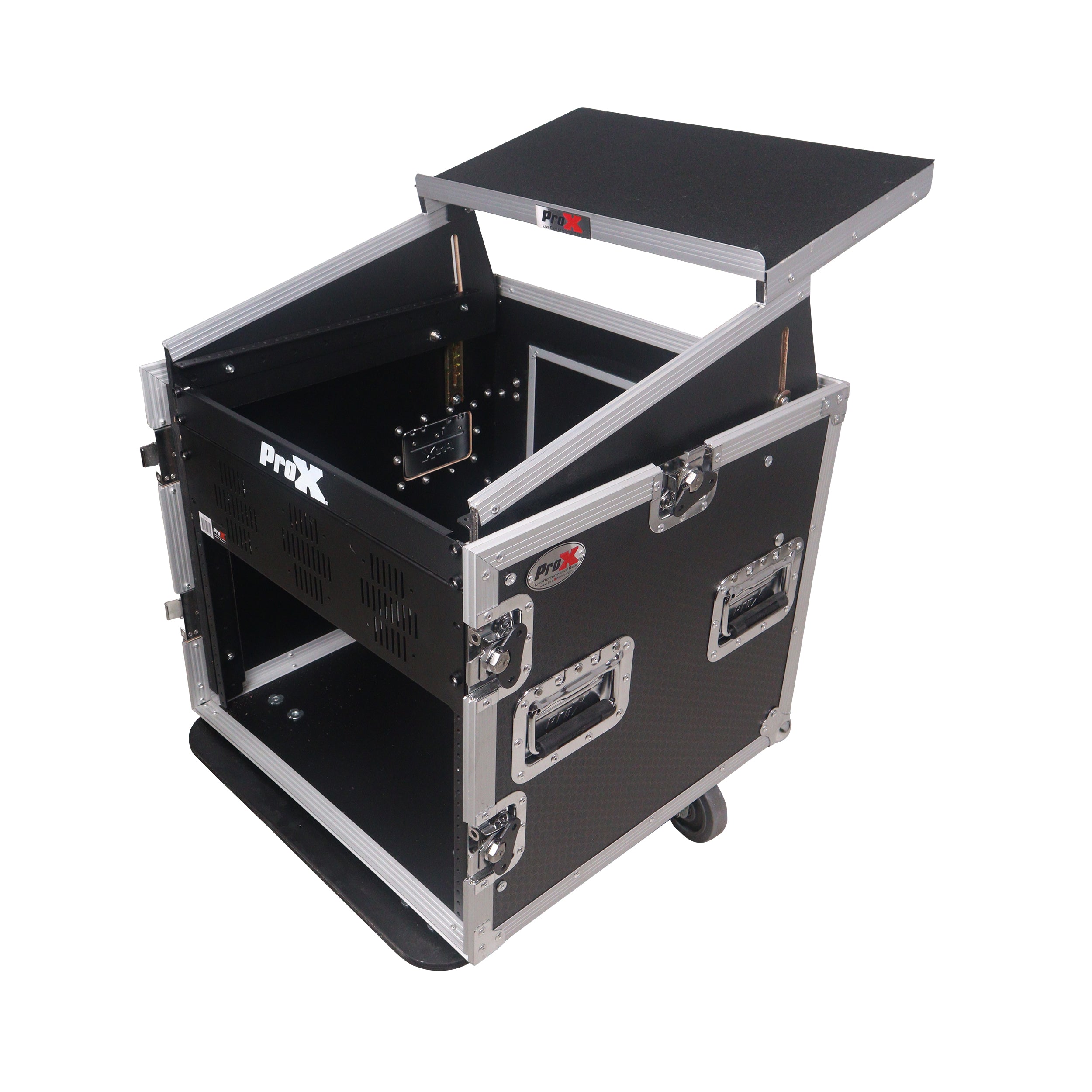 12U Vertical Rack Mount Flight Case with 10U Top for Mixer Combo Amp Rack with Laptop Shelf and Caster Wheels