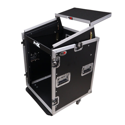 14U Vertical Rack Mount Flight Case with 10U Top for Mixer Combo Amp Rack with Laptop Shelf and Caster Wheels