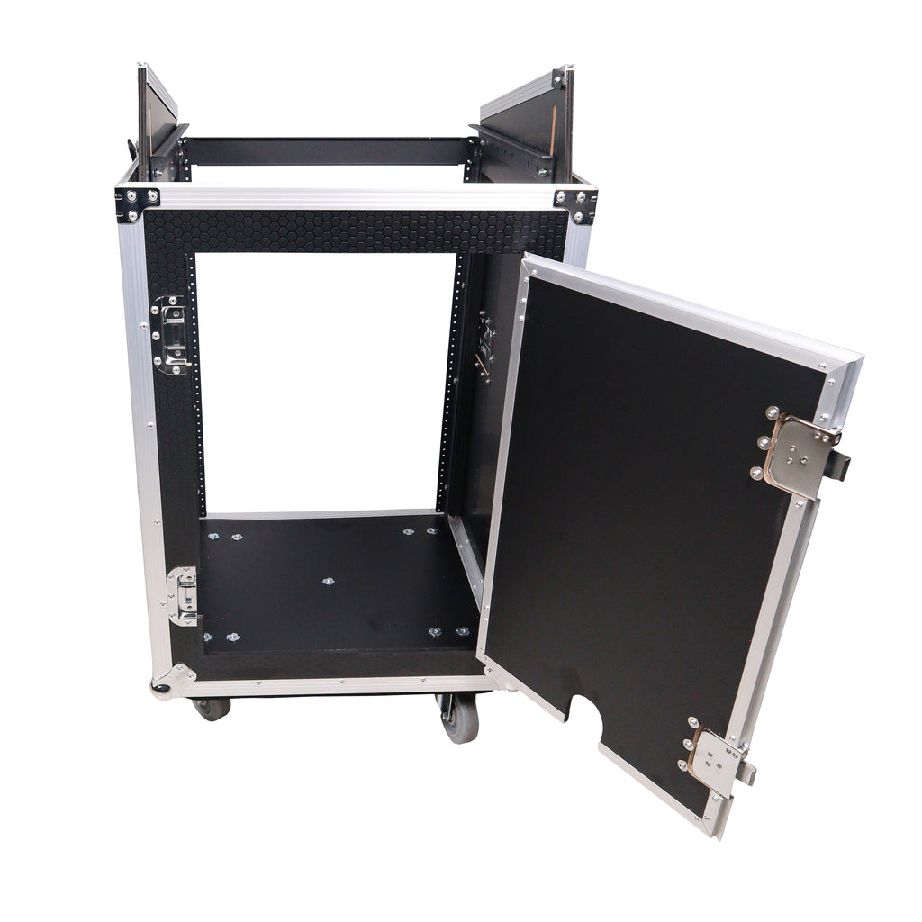 16U Vertical Rack Mount Flight Case with 10U Top for Mixer Combo Amp Rack with Laptop Shelf and Caster Wheels