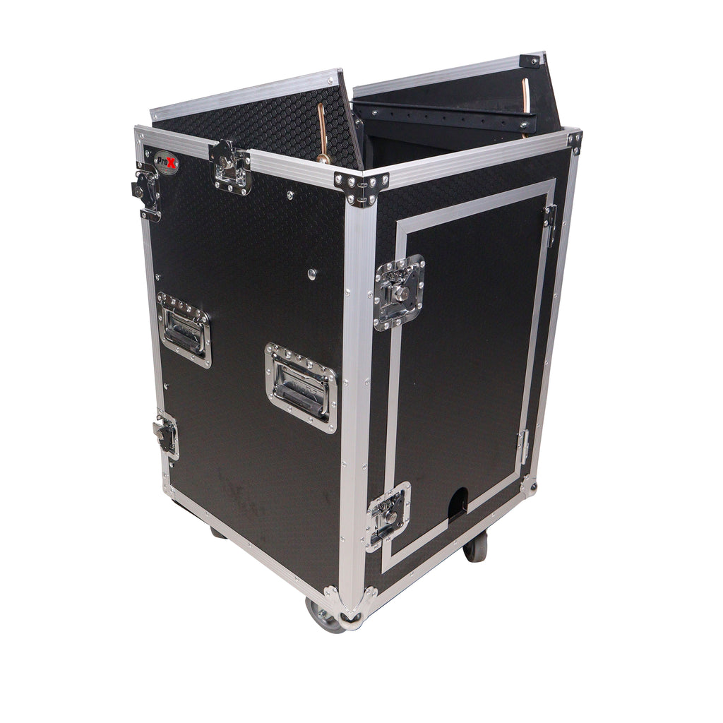 16U Vertical Rack Mount Flight Case with 10U Top for Mixer Combo Amp Rack with Laptop Shelf and Caster Wheels