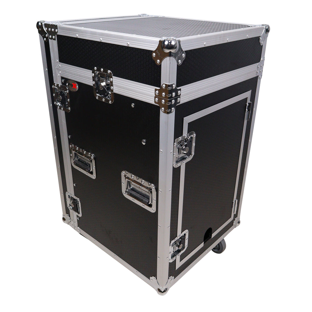 16U Vertical Rack Mount Flight Case with 10U Top for Mixer Combo Amp Rack with Laptop Shelf and Caster Wheels
