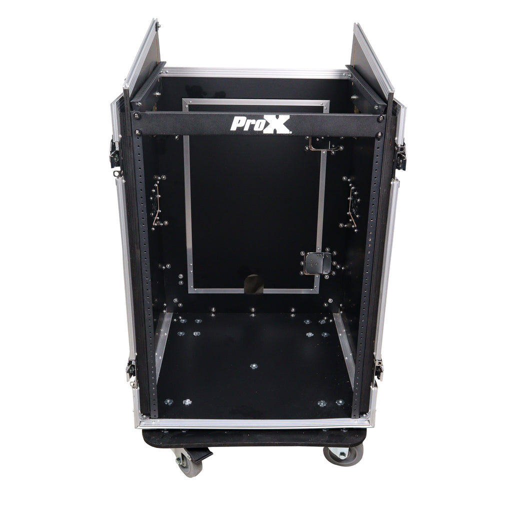 16U Vertical Rack Mount Flight Case with 10U Top for Mixer Combo Amp Rack with Laptop Shelf and Caster Wheels