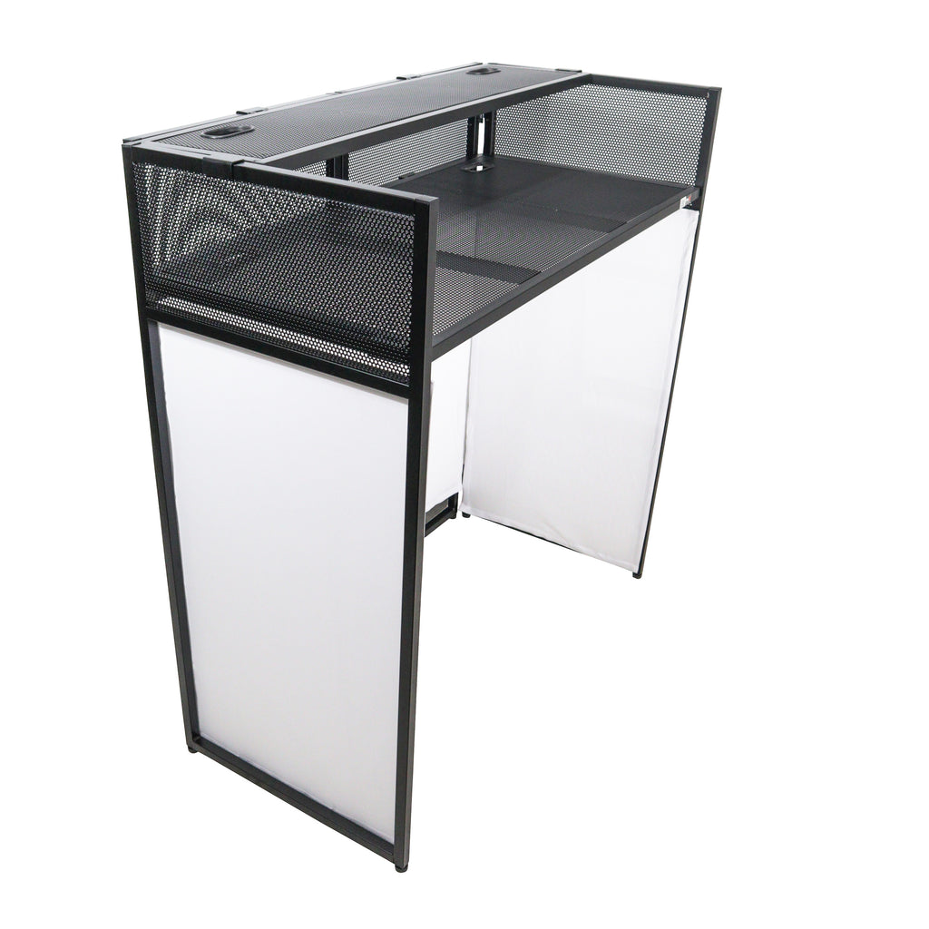 VISTA DJ Booth Facade Table Station with White and Black Scrim kit and Padded Travel Bag | Black Hardware