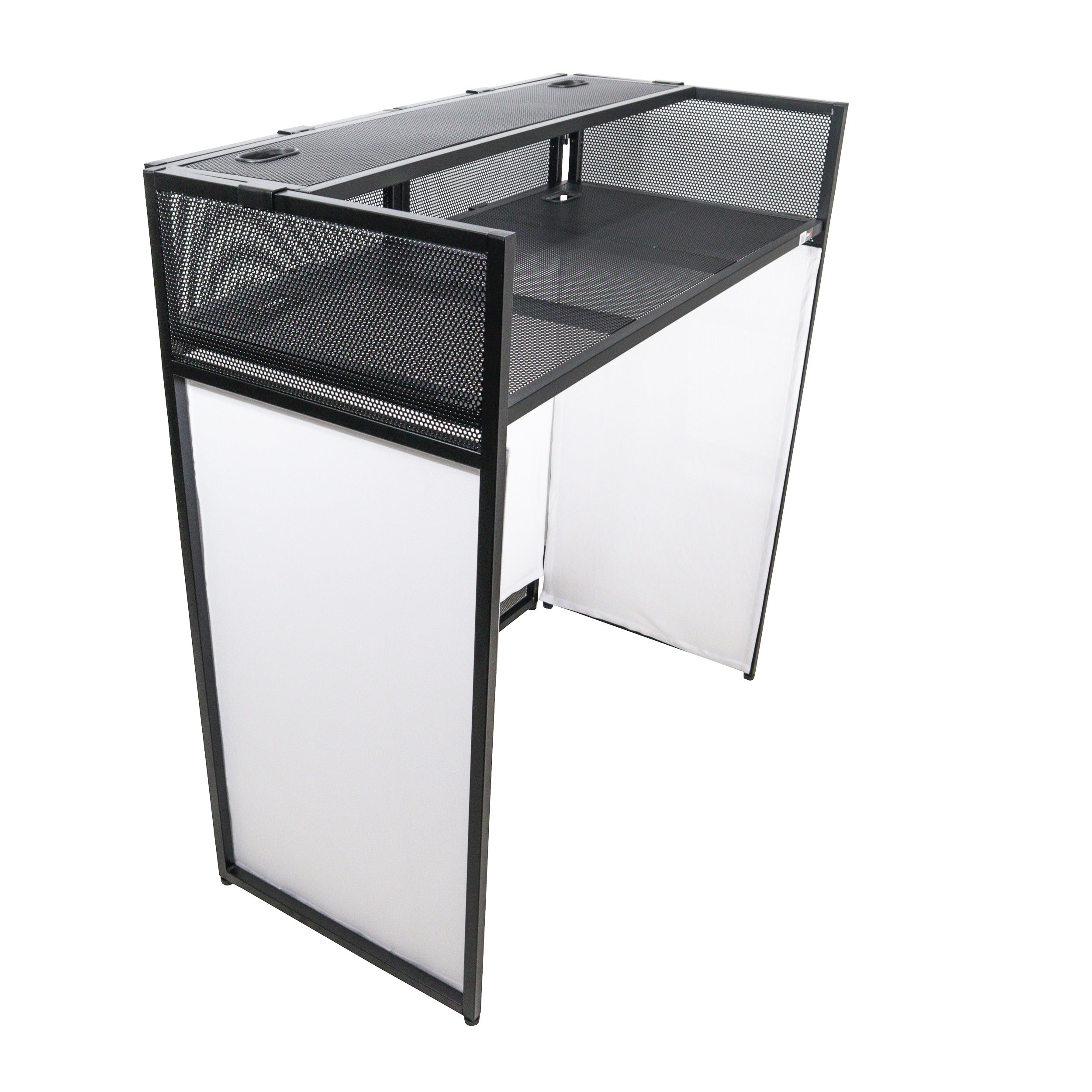 VISTA DJ Booth Facade Table Station with White and Black Scrim kit and Padded Travel Bag | Black Hardware