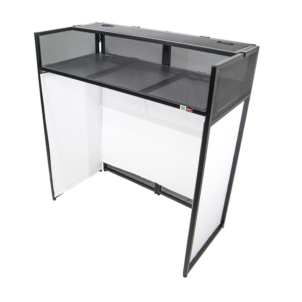 VISTA DJ Booth Facade Table Station with White and Black Scrim kit and Padded Travel Bag | Black Hardware