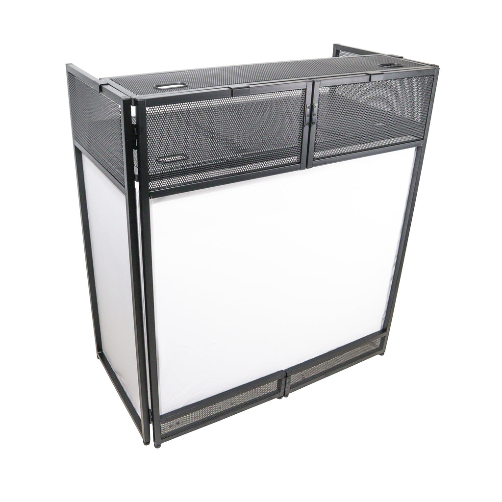 VISTA DJ Booth Facade Table Station with White and Black Scrim kit and Padded Travel Bag | Black Hardware
