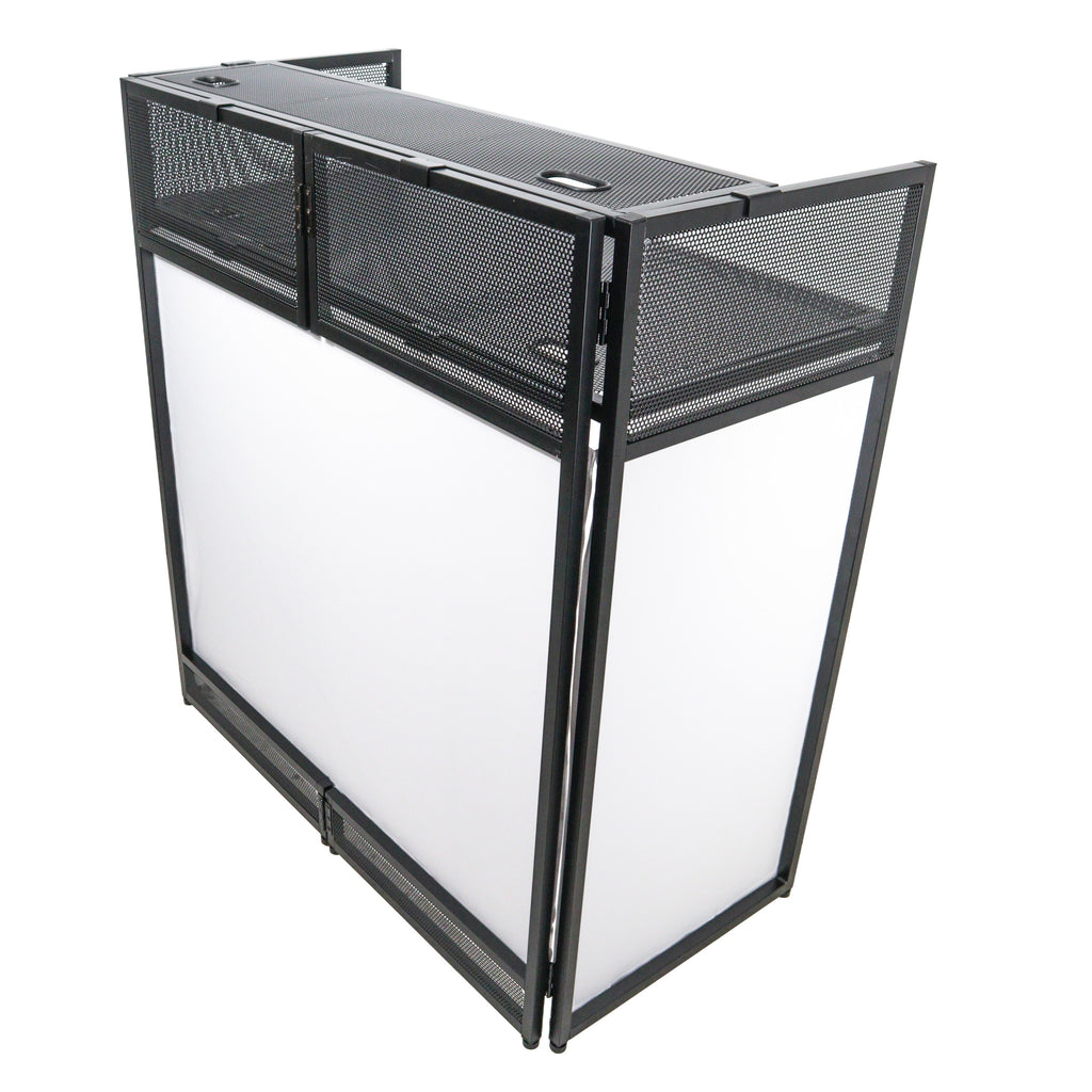 VISTA DJ Booth Facade Table Station with White and Black Scrim kit and Padded Travel Bag | Black Hardware