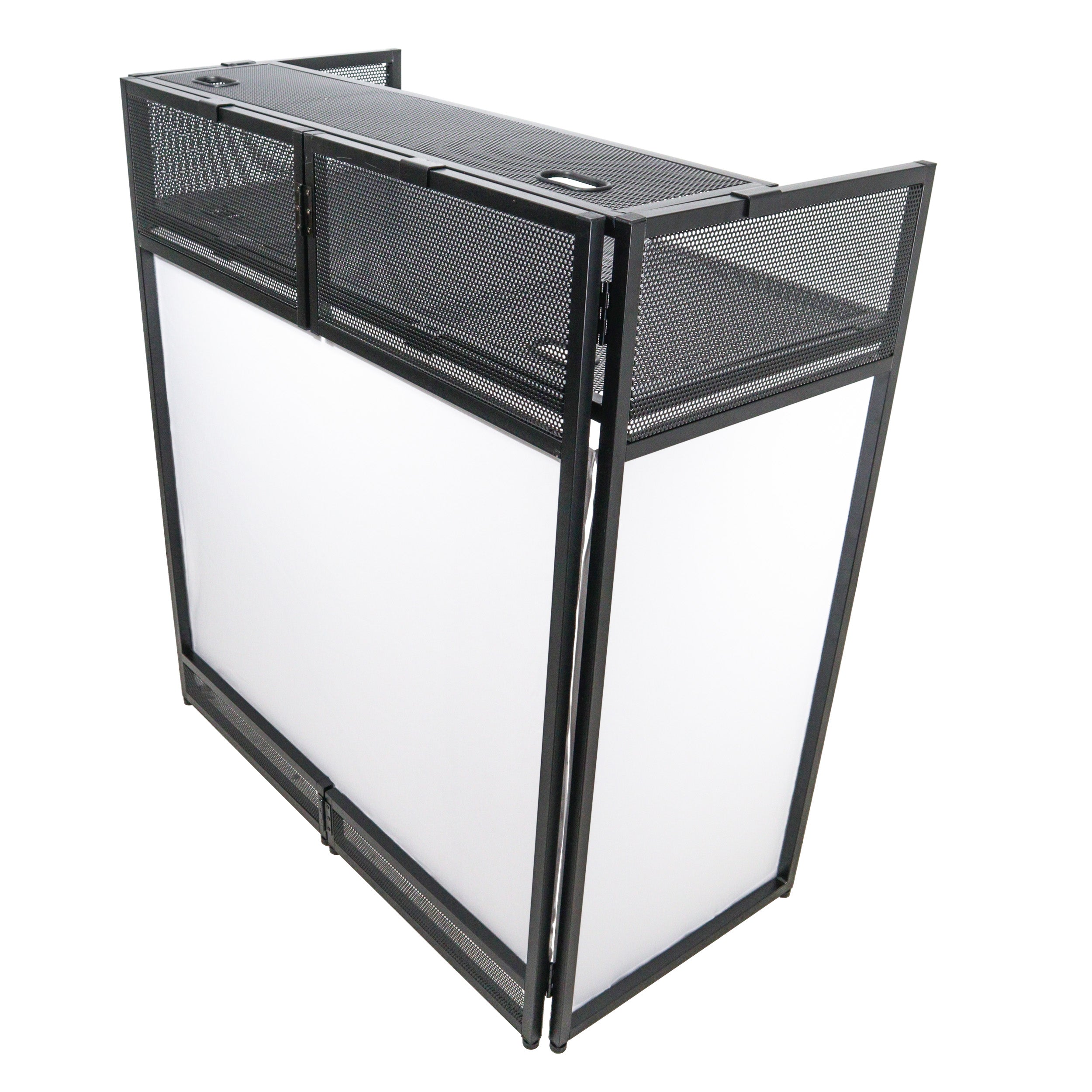 VISTA DJ Booth Facade Table Station with White and Black Scrim kit and Padded Travel Bag | Black Hardware