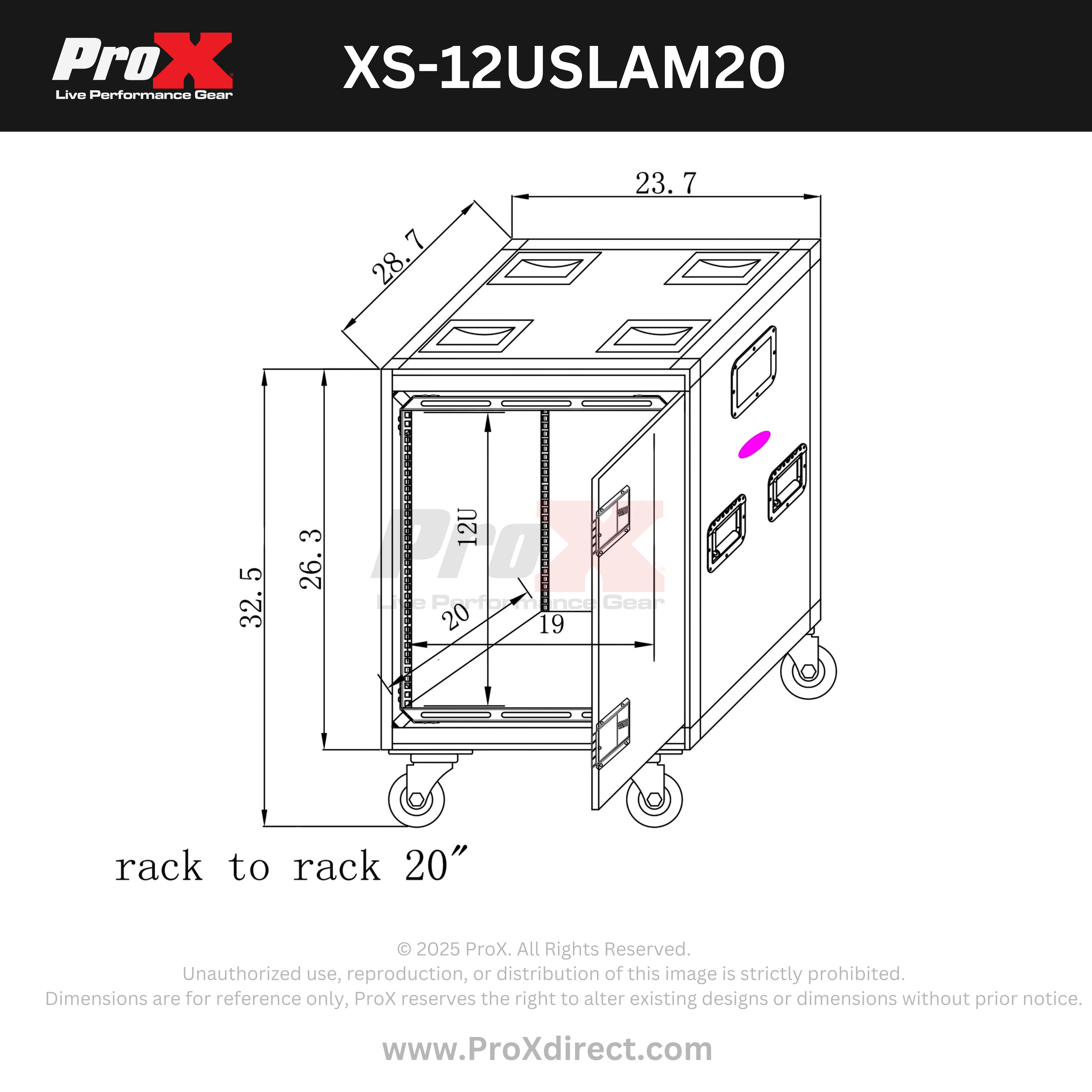 12U 20" Deep Vertical Rack to Rack Shock Mount Case with 2 Sliding Slam Doors & 4" Caster Wheels