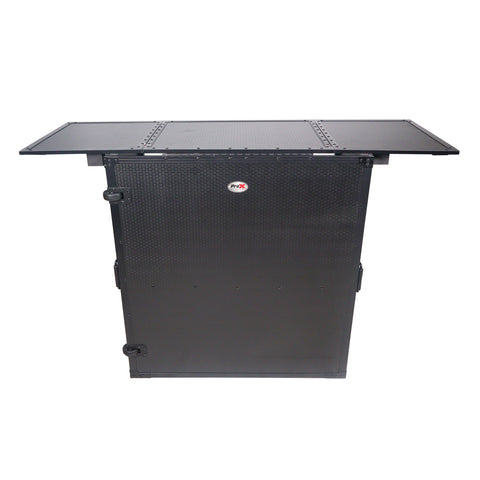 Transformer Flight Case Style Folding DJ Table and Workstation with Smooth Rolling Wheels Black Finish