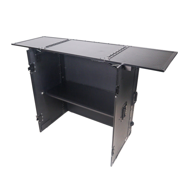 Transformer Flight Case Style Folding DJ Table and Workstation with Smooth Rolling Wheels Black Finish