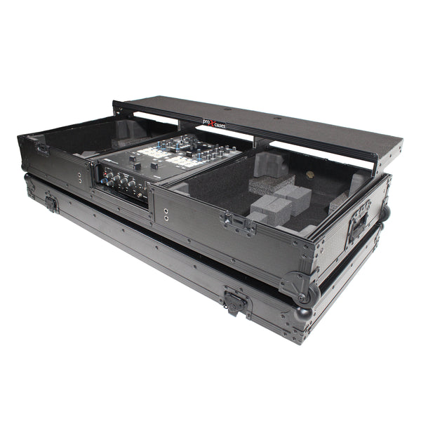 Flight Coffin Case For 12" Rane 72 Mixer and 2 Turntables in Battle Mode W/ Laptop Shelf and Wheels Black on Black