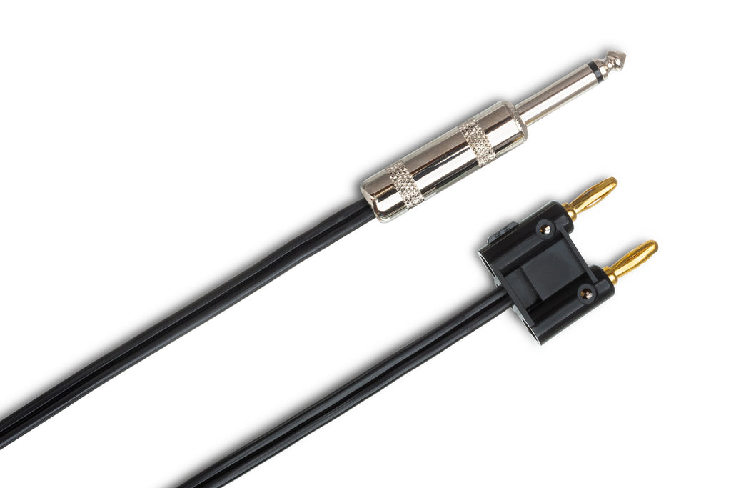 Speaker Cable, Hosa 1/4 in TS to Dual Banana, Black Zip - Angle