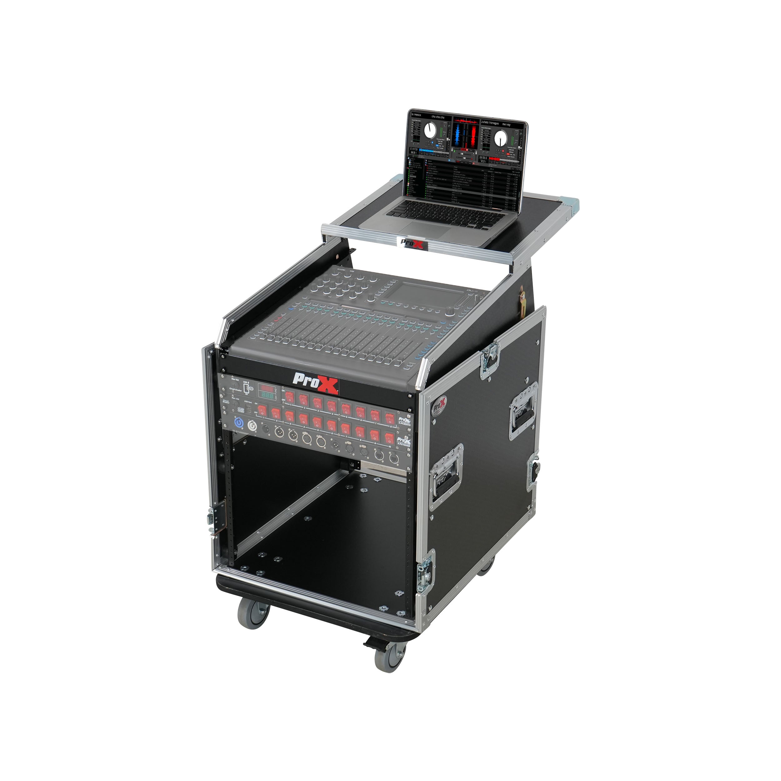 13U Top Mixer Audio Console DJ 12U Front Rack Combo Flight Case W Laptop Shelf and Casters