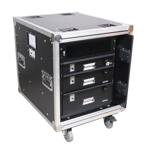 12U 20" Deep Vertical Rack to Rack Shock Mount Case with 2 Sliding Slam Doors & 4" Caster Wheels