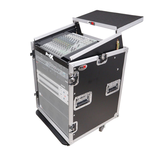 14U Vertical Rack Mount Flight Case with 10U Top for Mixer Combo Amp Rack with Laptop Shelf and Caster Wheels